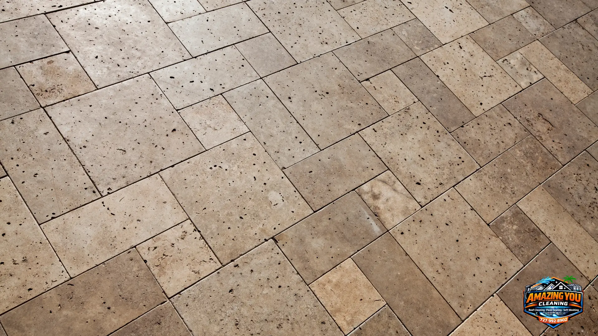 Travertine paver patio cleaned and sealed by Amazing You Cleaning